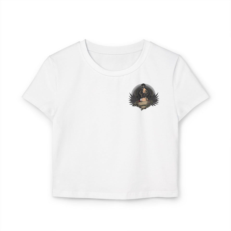 Vintage-Inspired Women's Baby Tee with Bold Graphic Design