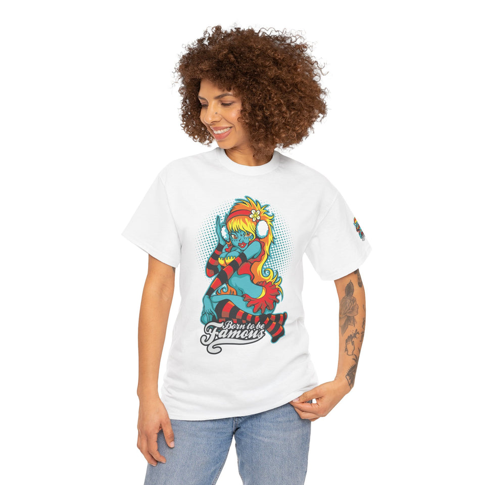 Vibrant Cartoon Pin-Up Tee - Unisex Heavy Cotton T-Shirt for Casual Fun