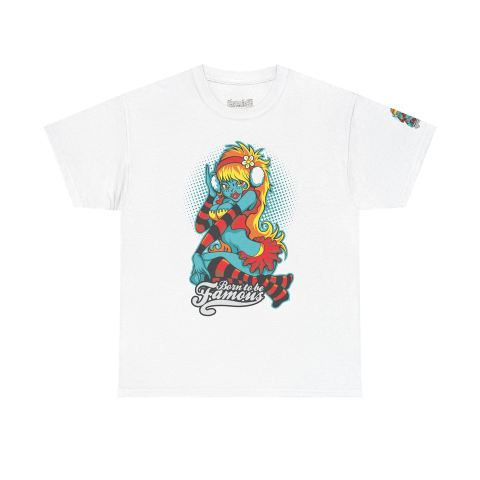 Vibrant Cartoon Pin-Up Tee - Unisex Heavy Cotton T-Shirt for Casual Fun