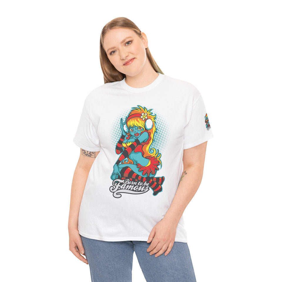 Vibrant Cartoon Pin-Up Tee - Unisex Heavy Cotton T-Shirt for Casual Fun