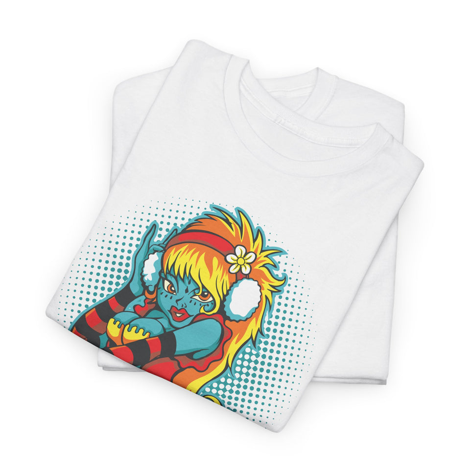 Vibrant Cartoon Pin-Up Tee - Unisex Heavy Cotton T-Shirt for Casual Fun