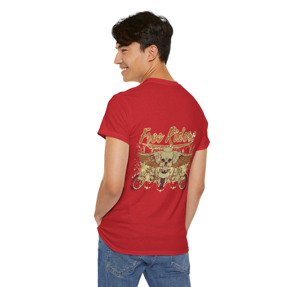 Unisex Heavy Cotton Tee - Pirate Skull & Free Riders Design - Bold Graphic Tee for Motorcycle Enthusiasts